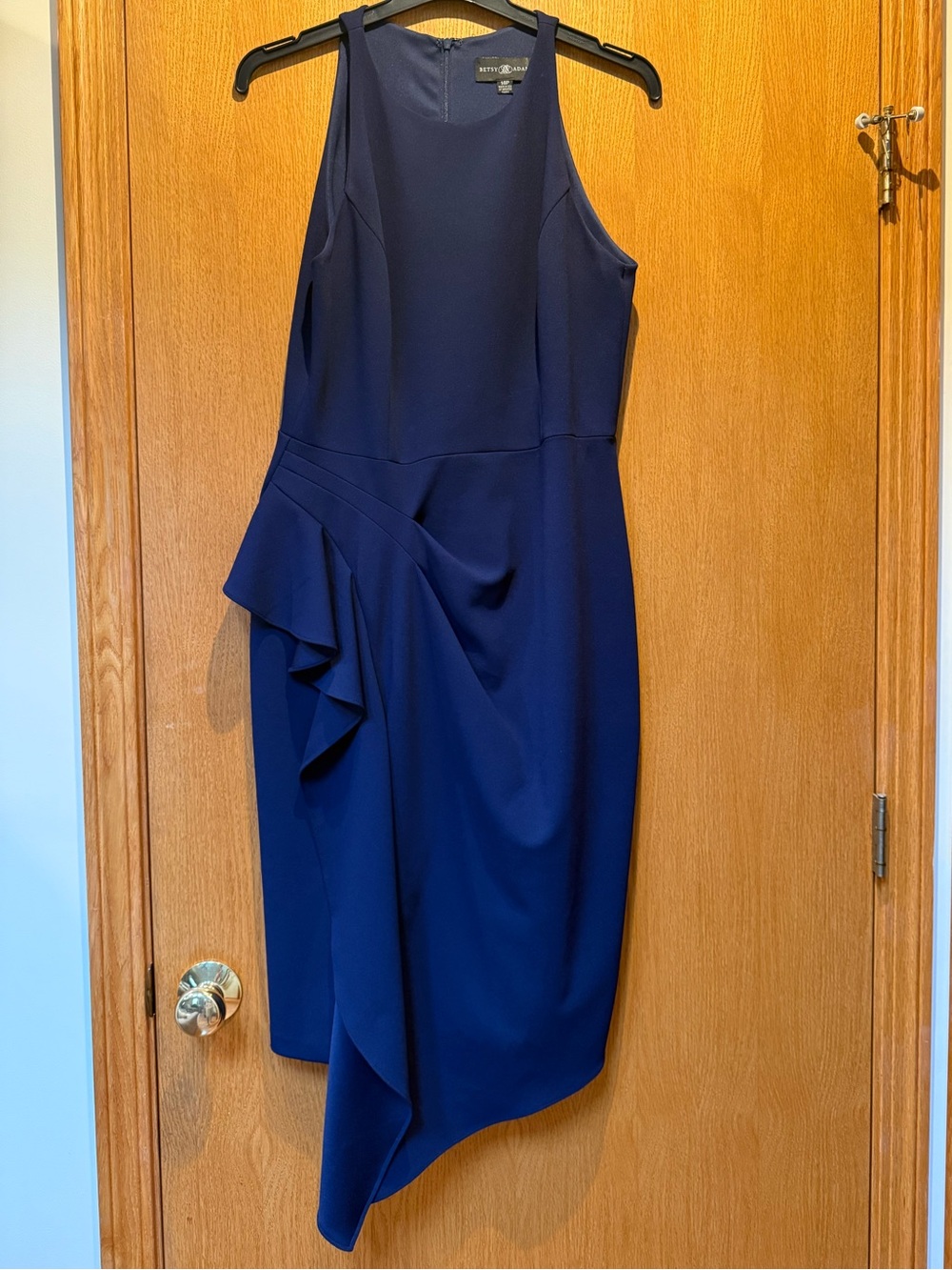 Betsy & Adam Navy Asymmetric Rouched Evening Dress